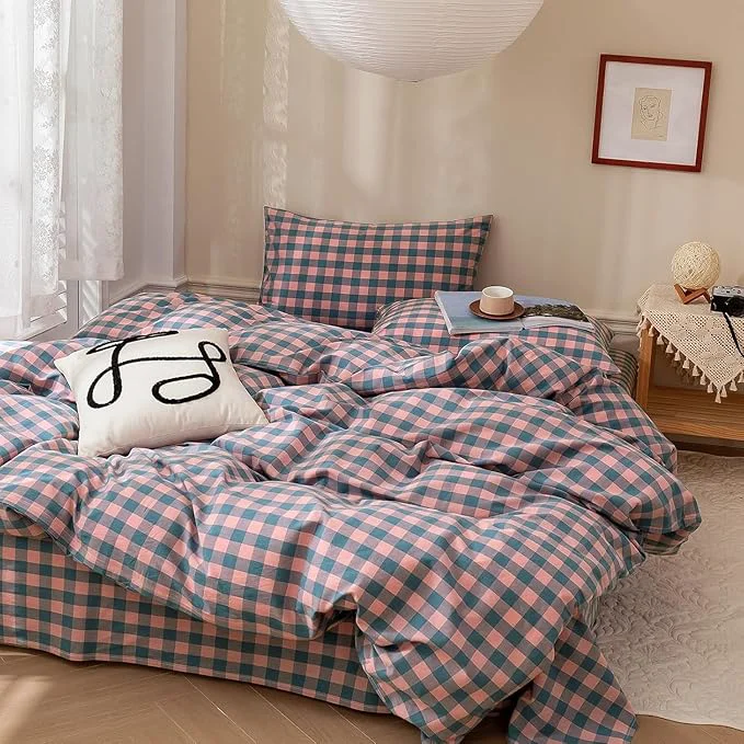 Expertly Made mixinni Plaid Duvet Cover Set Queen Purple – Soft Washed Cotton Modern Geometric Bedding Set with 2 Pillowcases Pink Blue Gingham Grid Queen Duvet Cover for Men amp Women Soft amp Lightweight Premium Material
