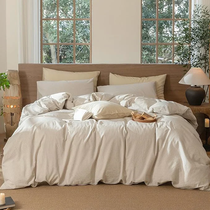Refined MooMee Striped Duvet Cover Set Washed Cotton Linen Like Textured Breathable Durable Soft Comfy Tannish Linen Grey White Pinstripes Cal King 104 quot x98 quot Exceptional