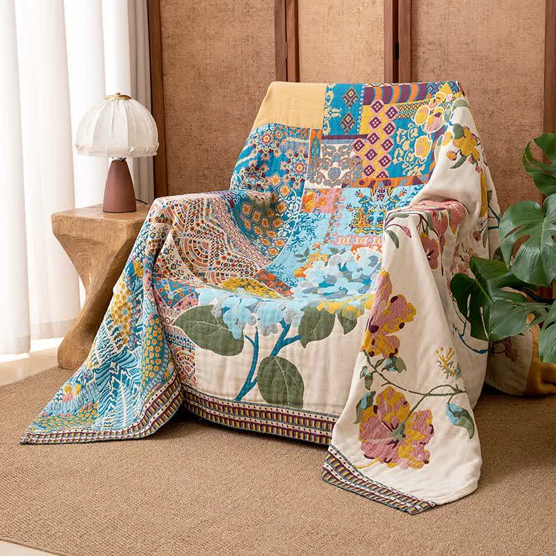 Top-Quality Ownkoti Artistic Floral Patchwork Cotton Gauze Blanket Luxury