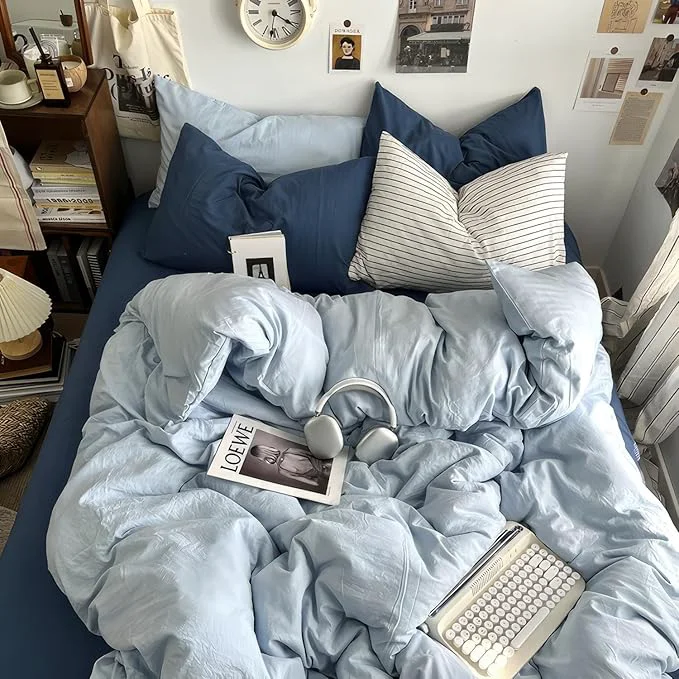 Traditional mixinni Washed Cotton Duvet Cover Set Queen Size Solid Light Blue Ocean Themed Chic Bedding Soft Breathable Minimalist Comforter Cover with Zipper Closure amp Corner Ties-Queen Size Organic