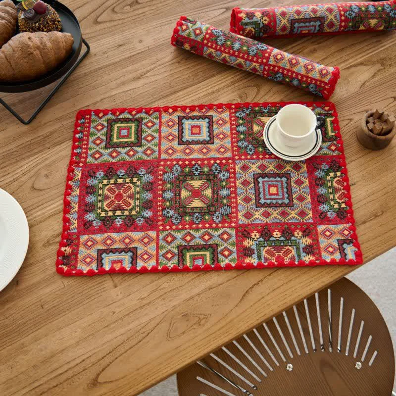 Long-Lasting Ownkoti Vintage Geometric Pattern Jacquard Fabric Placemat 3PCS Carefully Designed