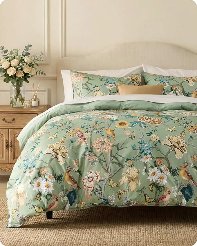 Fast Bedsure Floral Duvet Cover King Size – Cotton Reversible Flowers and Birds Pattern Duvet Cover Set 3 Pieces Soft amp Breathable PureWoven Bedding Set with 2 Pillow Shams Green Garden 104 quot x90 quot Fine Crafted