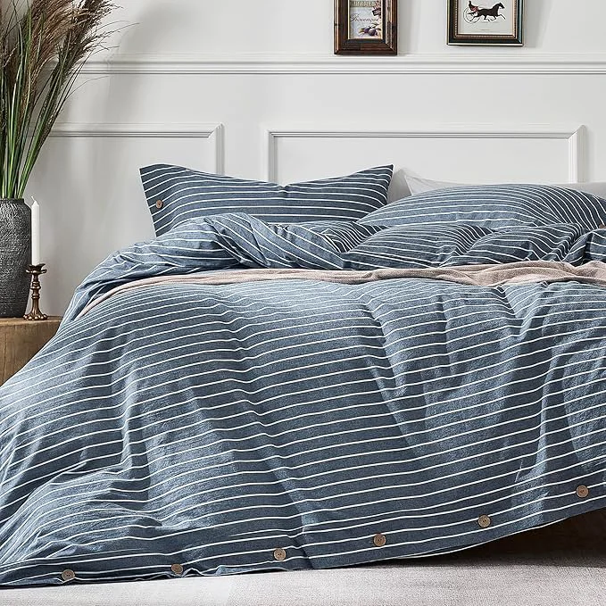 Optimized JELLYMONI Cotton Duvet Cover Twin Size – Blue Pinstriped Comforter Cover with Button Washed Cotton 2PCS Breathable Soft Solid Bedding Set Duvet Cover 68×90in amp 1 Pillowcase NO Comforter Organic