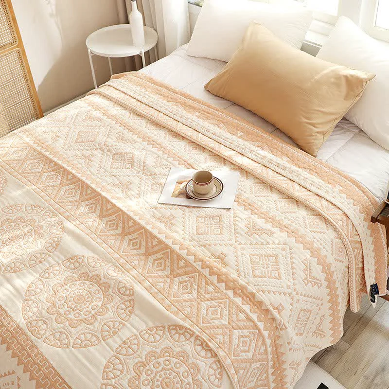 Fast Ownkoti Beige Geometric Pattern Cotton Gauze Quilt Fine