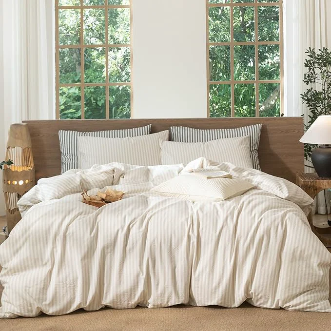 Exceptional MooMee Striped Duvet Cover Set Washed Cotton Linen Like Textured Breathable Durable Soft Comfy Almond Milk Grey Classic Stripes Alaska King 132 quot x120 quot Safe