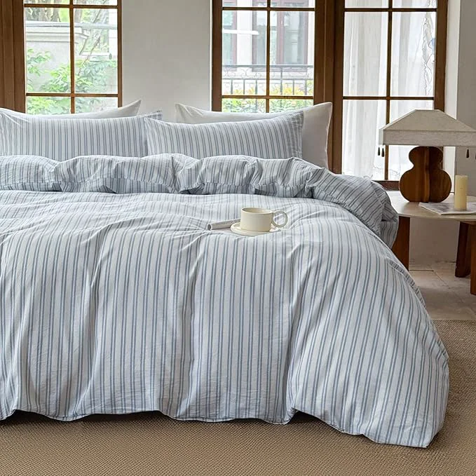 User-Friendly Striped Duvet Cover Set Washed Cotton Linen Like Soft Feelling Breathable Bedding White Cornflower Blue Strip Twin Flexible