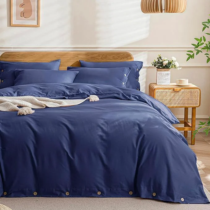 Authentic JELLYMONI Cotton Duvet Cover Twin Size – Navy Blue Comforter Cover with Button Washed Cotton 2PCS Breathable Soft Solid Bedding Set Duvet Cover 68×90in amp 1 Pillowcase NO Comforter Reusable