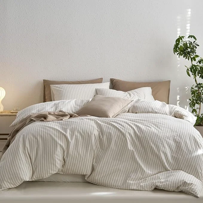 Carefully Designed MooMee Striped Duvet Cover Set Washed Cotton Linen Like Textured Breathable Durable Soft Comfy White Tannish Linen Grey Wide Stripes Alaska King 132 quot x120 quot Original