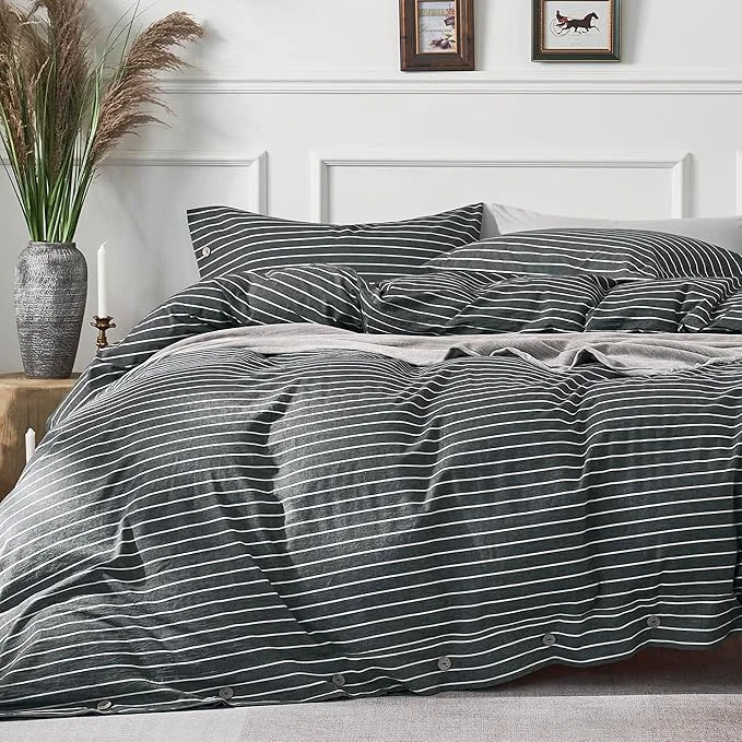 Powerful JELLYMONI Cotton Duvet Cover Queen Size – Gray Pinstriped Comforter Cover with Button Washed Cotton 3PCS Breathable Soft Solid Bedding Set Duvet Cover 90×90in amp 2 Pillowcases NO Comforter Sophisticated