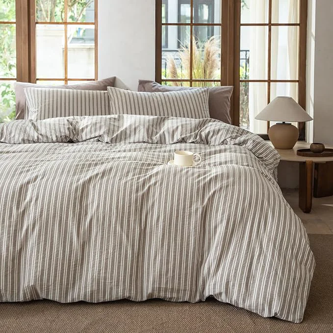 Prestigious Luxury Washed Cotton Linen Like Duvet Cover Set 3 Pcs Striped Trendy Bedding with Zipper Closure Linen Grey Twin Traditional