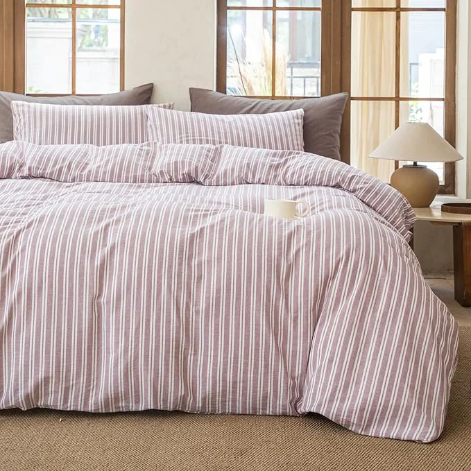 Traditional Striped Duvet Cover Set Washed Cotton Linen Like Soft Feelling Breathable Bedding Dusty Purple Full Modern