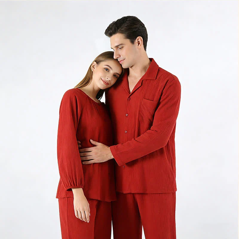 Trendy Ownkoti Minimalist Red Couple Cotton Pajama Set Natural