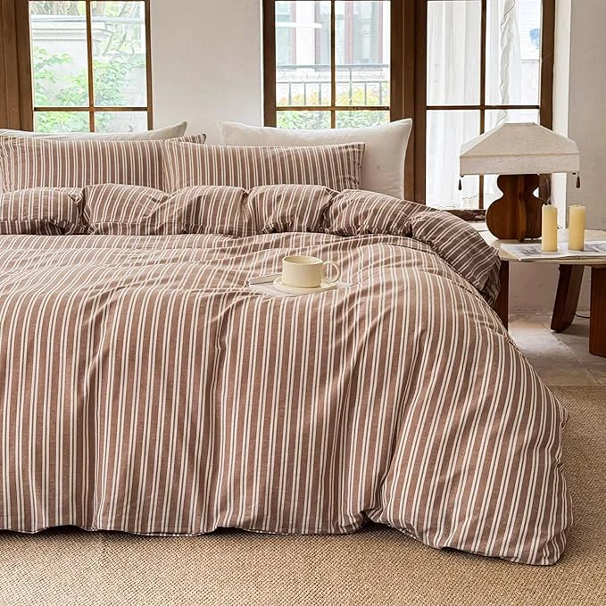 Long-Lasting Striped Duvet Cover Set Washed Cotton Linen Like Soft Feelling Breathable Bedding Burnt Orange White Strip Full Effective