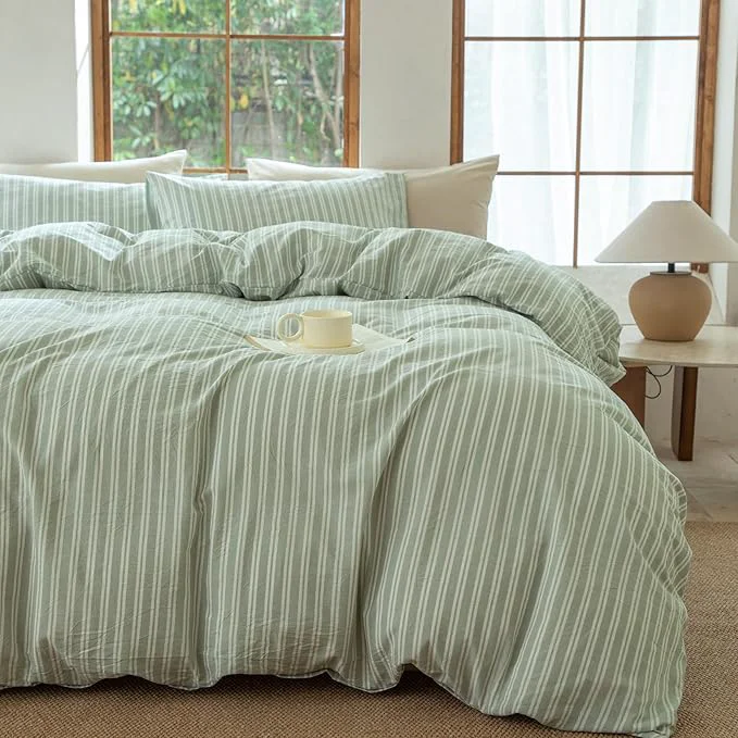 Original Design Sage Green and White Striped Duvet Cover Washed Cotton Breathable and Linen Like Bedding Set Strip-Sage Green White King Carefully Designed