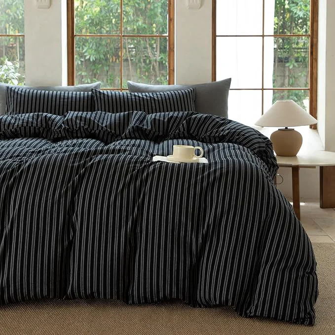 Unique Striped Duvet Cover Set Washed Cotton Linen Like Soft Feelling Breathable Bedding Strip-Black White Full Top-Quality