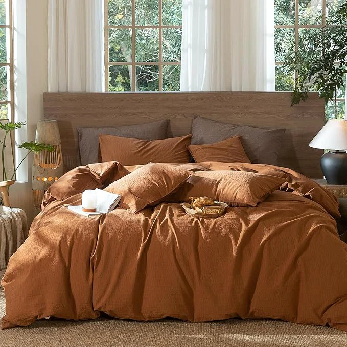 World-Class MooMee Wavy Striped Duvet Cover Set Washed Cotton Linen Like Textured Breathable Durable Soft Comfy Dark Orange King 104 quot x90 quot Quality