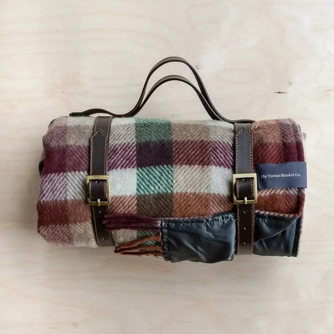 Exclusive Recycled Wool Waterproof Picnic Blanket in Forest Check Artisan