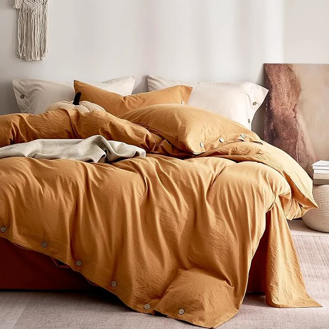 Exclusive JELLYMONI Washed Cotton Duvet Cover King – Soft Breathable Linen-Look Bedding with Natural Wrinkle Texture Button Closure 3-Piece Set Amber Orange 104 quot x90 quot Powerful