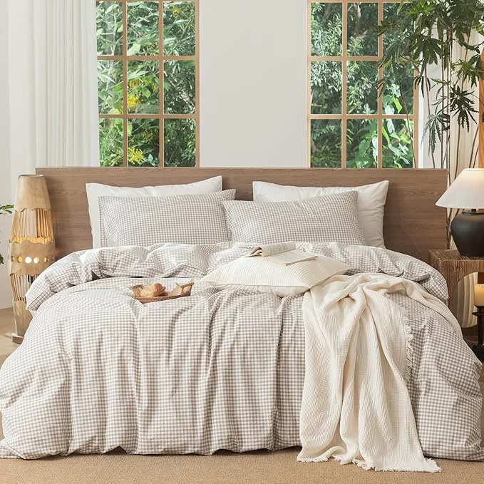 Recyclable MooMee Gingham Duvet Cover Set Washed Cotton Linen Like Textured Breathable Durable Soft Comfy Modern Checkered Design Mini Gingham Tannish Linen Grey Twin 68 quot x90 quot Enhanced