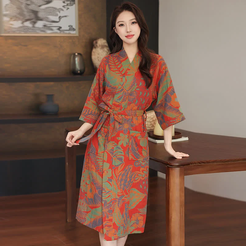 User-Friendly Ownkoti Floral Leaf Cotton Double Gauze Kimono Robe Minimalist