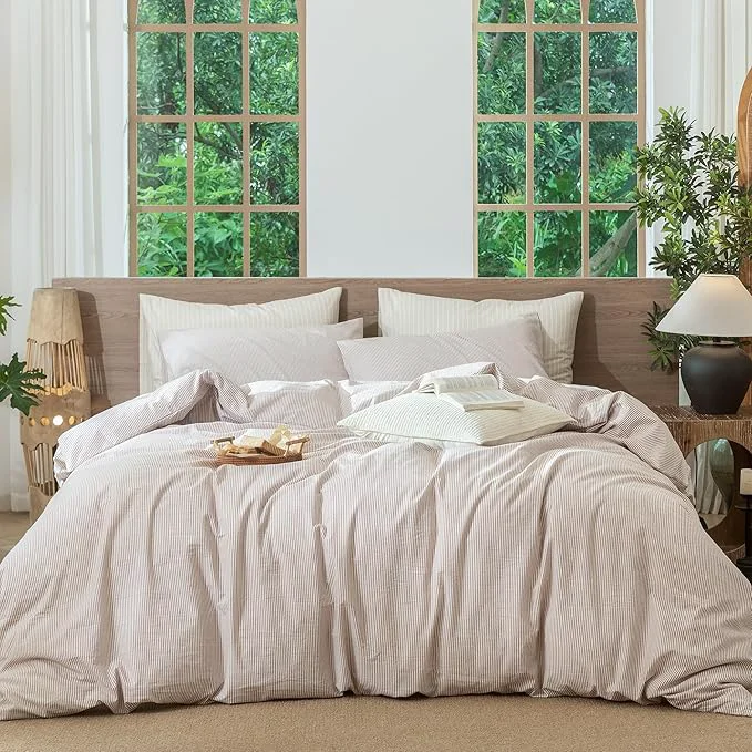 Premium MooMee Striped Duvet Cover Set Washed Cotton Linen Like Textured Breathable Durable Soft Comfy Orange Pinstripes Oversized Queen 98 quot x98 quot Elegant