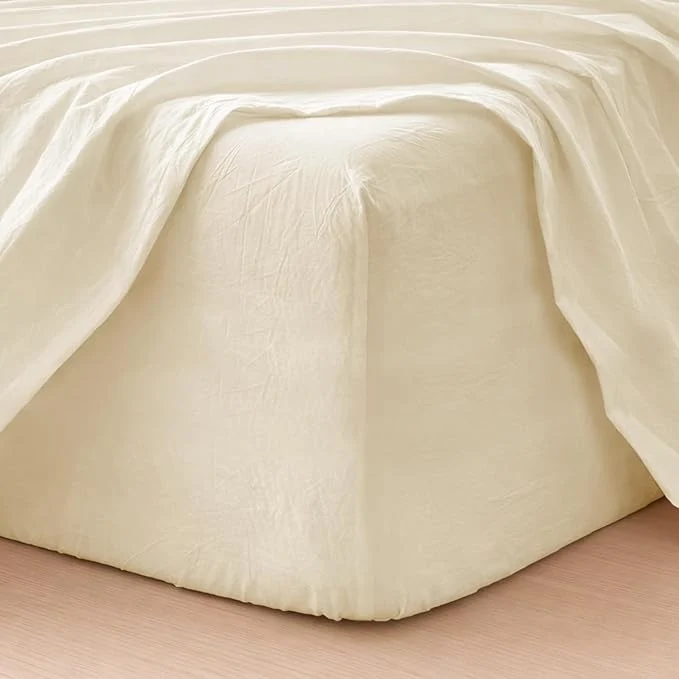 Premium MooMee Fitted Bottom Sheet Only Washed Cotton Linen Like Textured Breathable Durable Soft Comfy Deep Pocket Fits Mattress up to 17 quot Cream White California King Dependable