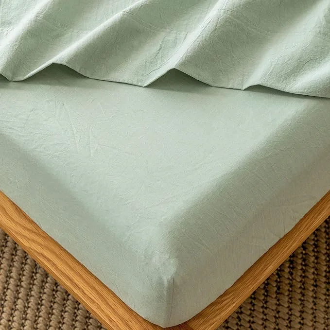 World-Class MooMee Fitted Bottom Sheet Only Washed Cotton Linen Like Textured Breathable Durable Soft Comfy Deep Pocket Fits Mattress up to 17 quot Sage Green King Enhanced