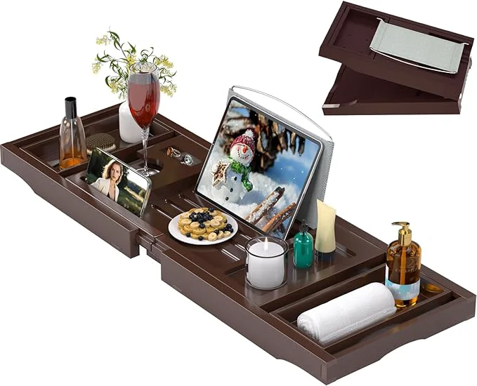 Exclusive Bathtub Caddy Tray for Tub Foldable Bath Table Trays Bamboo Shelf Specialty