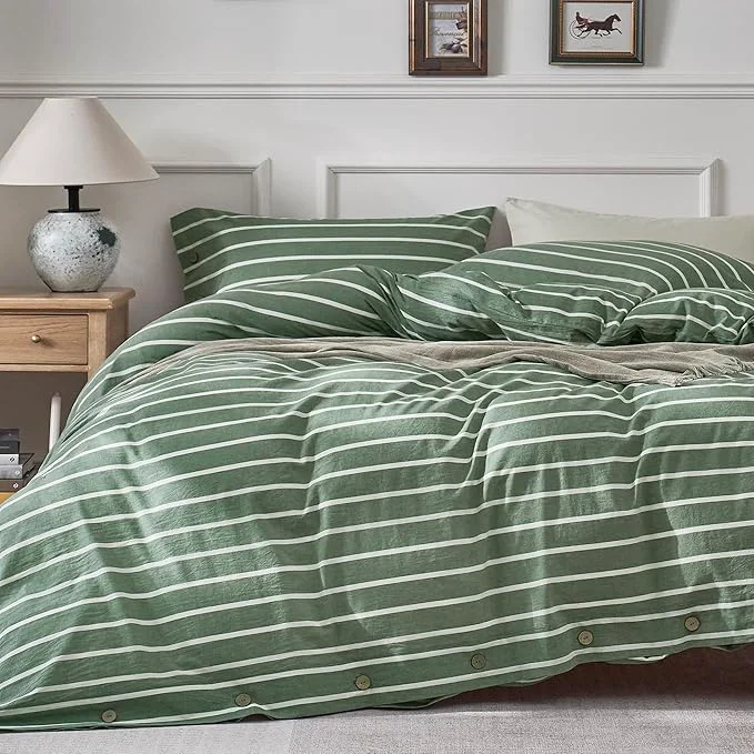 Proven JELLYMONI Cotton Duvet Cover Full Size – Green Striped Comforter Cover with Button Washed Cotton 3PCS Breathable Soft Solid Bedding Set Duvet Cover 80×90in amp 2 Pillowcases NO Comforter Secure