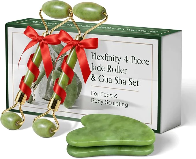 Elegant Jade Roller and Gua Sha Set for Face Body – 4-Piece Jade Facial Professional