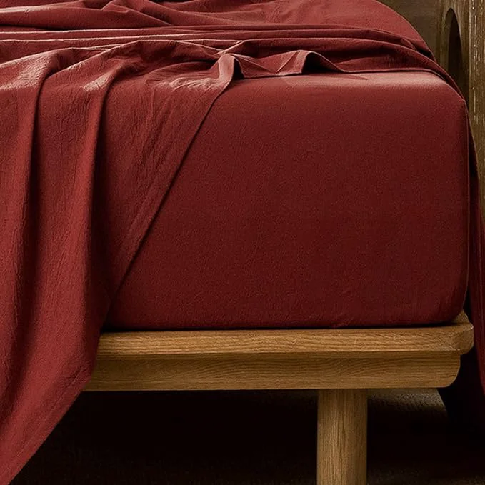 Elegant MooMee Fitted Bottom Sheet Only Washed Cotton Linen Like Textured Breathable Durable Soft Comfy Deep Pocket Fits Mattress up to 17 quot Solid Fired Brick Red Full Environmentally Friendly