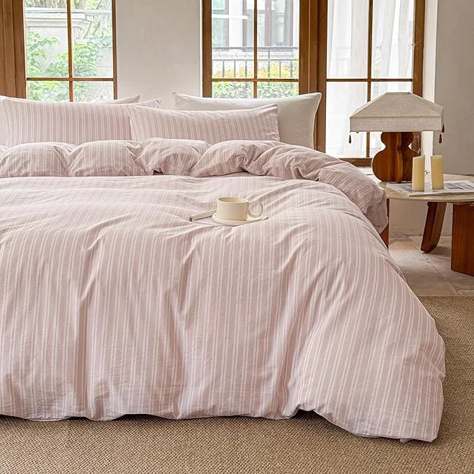 Excellent Striped Duvet Cover Set Washed Cotton Linen Like Soft Feelling Breathable Bedding Greyish Pink White Strip King Minimalist