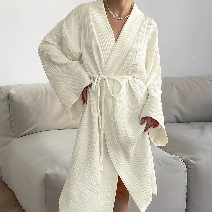 Certified Ownkoti Beige Pure Cotton Kimono Robe Optimized