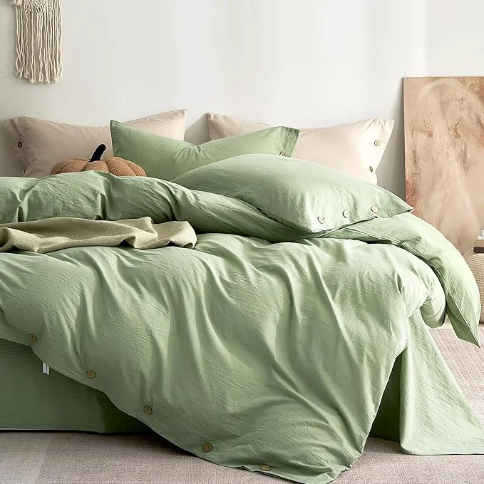 Healthy JELLYMONI Washed Cotton Duvet Cover King – Soft Breathable Linen-Look Bedding with Natural Wrinkle Texture Button Closure 3-Piece Set Mint Green 104 quot x90 quot Exceptional