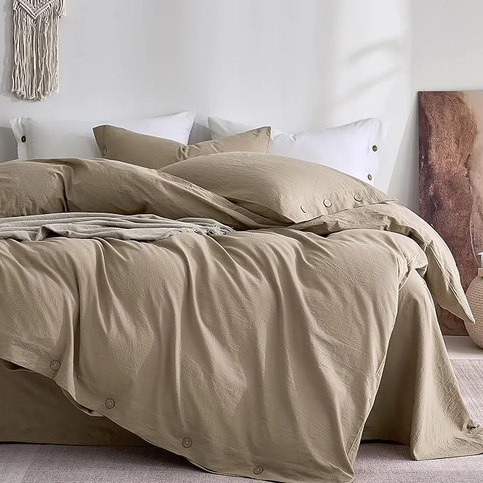 Lightweight JELLYMONI Washed Cotton Duvet Cover Full – Soft Breathable Linen-Look Bedding with Natural Wrinkle Texture Button Closure 3-Piece Set Dusty Khaki 80 quot x90 quot Official