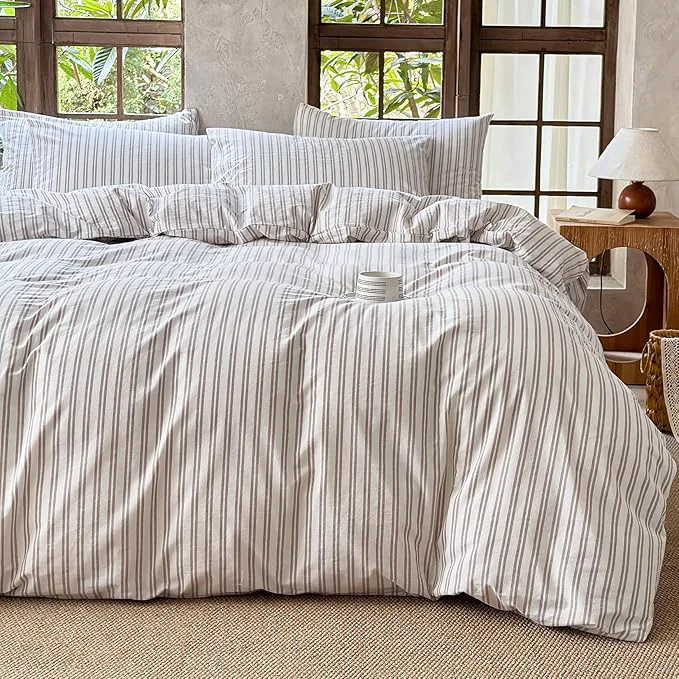 Quality Striped Duvet Cover Set Washed Cotton Linen Like Soft Feelling Breathable Bedding Light Yellow White Strip Full World-Class