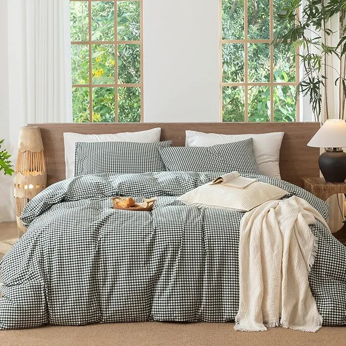 Natural MooMee Gingham Duvet Cover Set Washed Cotton Linen Like Textured Breathable Durable Soft Comfy Modern Checkered Design Mini Gingham Forest Green King 104 quot x90 quot Enhanced