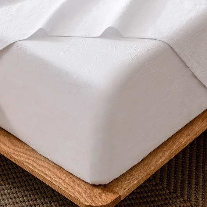 Solid MooMee Fitted Bottom Sheet Only Washed Cotton Linen Like Textured Breathable Durable Soft Comfy Deep Pocket Fits Mattress up to 17 quot Bright White California King High-Grade