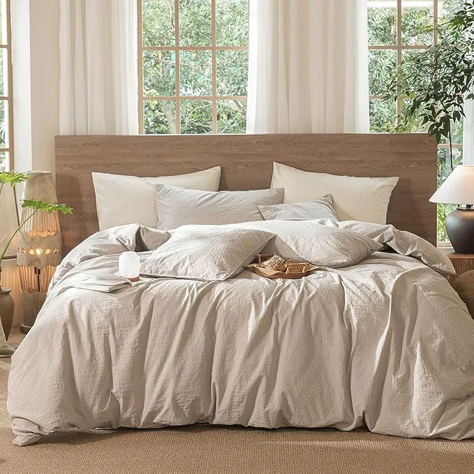 Trendy MooMee Wavy Striped Duvet Cover Set Washed Cotton Linen Like Textured Breathable Durable Soft Comfy Beige Queen 90 quot x90 quot Relaxed