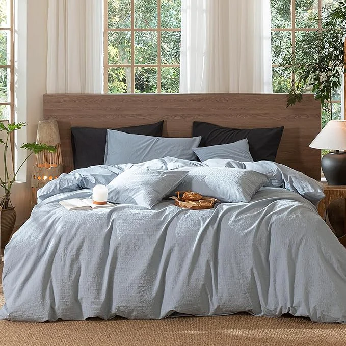 Premium Material MooMee Wavy Striped Duvet Cover Set Washed Cotton Linen Like Textured Breathable Durable Soft Comfy Cornflower Blue Super Queen 90 quot x98 quot Refined
