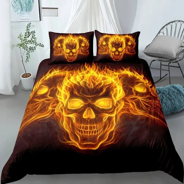 Classic 3D Gothic Flaming Skull Doona Cover Excellent