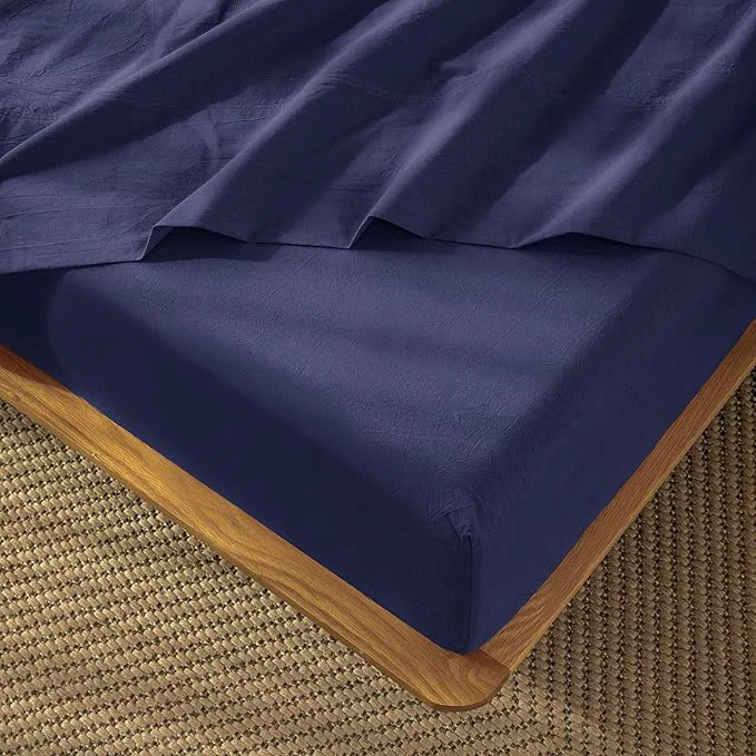 High-Grade MooMee Fitted Bottom Sheet Only Washed Cotton Linen Like Textured Breathable Durable Soft Comfy Deep Pocket Fits Mattress up to 17 quot Dark Blue King Elite