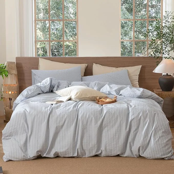 Safe MooMee Striped Duvet Cover Set Washed Cotton Linen Like Textured Breathable Durable Soft Comfy Cornflower Blue White Wide Stripes King 104 quot x90 quot Pure