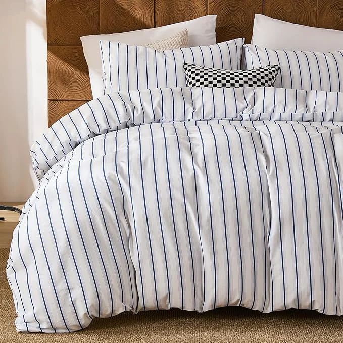 Detailed Merryword Cotton Duvet Cover Set Queen Size Blue and White Stripe Bedding Set Soft Breathable Natural Cotton Duvet Cover with Pillowcases Modern Coastal Style Bedding Set for All Seasons User-Friendly
