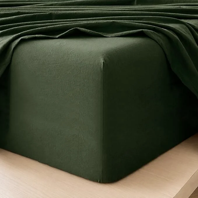 Carefully Designed MooMee Fitted Bottom Sheet Only Washed Cotton Linen Like Textured Breathable Durable Soft Comfy Deep Pocket Fits Mattress up to 17 quot Forest Green Queen World-Class