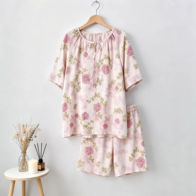 Selected Ownkoti Plus Size Pink Chrysanthemum Pajama Set Smooth