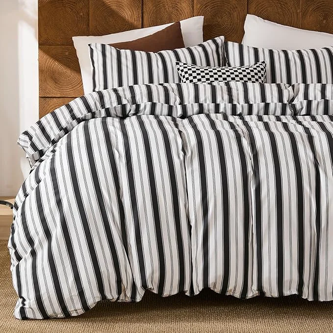 Original Design Merryword Cotton Duvet Cover Set King Size – Black and White Striped Duvet Cover Set Modern Minimalist Pinstripe Comforter Cover with Pillowcases Soft Breathable Bedding Set for All Seasons Official