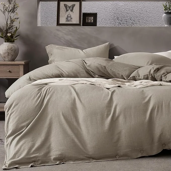 Organic JELLYMONI Cotton Duvet Cover Queen Size – Taupe Comforter Cover with Button Washed Cotton 3PCS Breathable Soft Solid Bedding Set Duvet Cover 90×90in amp 2 Pillowcases NO Comforter Refined