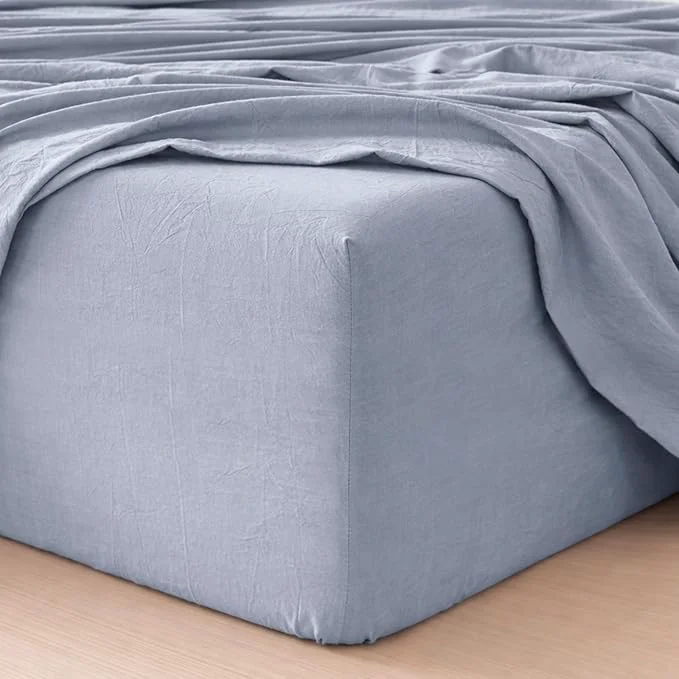 Stylish MooMee Fitted Bottom Sheet Only Washed Cotton Linen Like Textured Breathable Durable Soft Comfy Deep Pocket Fits Mattress up to 17 quot Cornflower Blue King Professional