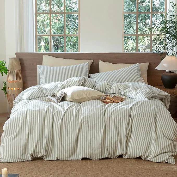 Elite MooMee Striped Duvet Cover Set Washed Cotton Linen Like Textured Breathable Durable Soft Comfy Sage Green White Classic Stripes Queen 90 quot x90 quot Original